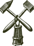 The image features a crossed hammer and mallet above an anvil, creating a vintage tool emblem.