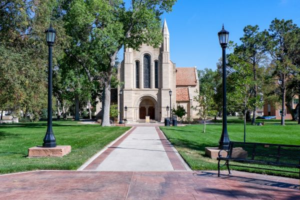A tree-lined pathway leads to a brick building with an arched entrance and tower, flanked by street lamps and benches, under a clear blue sky.
