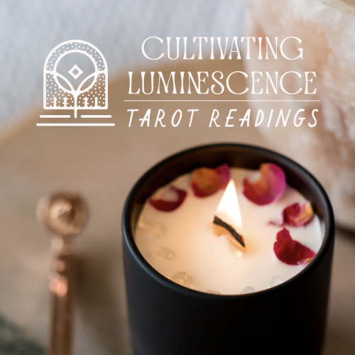 The image contains a lit candle with flower petals, a pendulum, and the text 