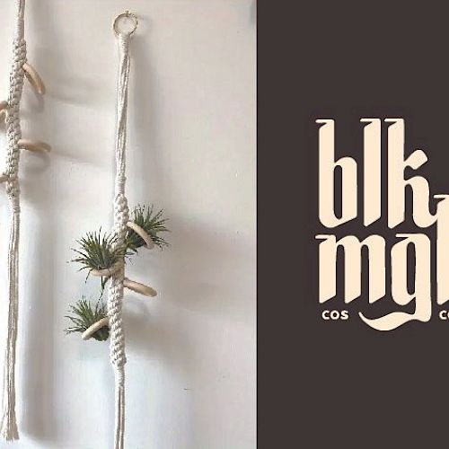 Hanging macramé plant holders on left; 